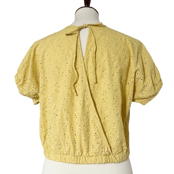 Madewell Eyelet Crop Top Puff Sleeve Yellow Tie Back Casual Blouse Size‎ S - Picture 9 of 10